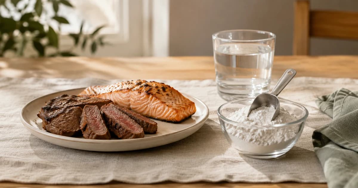 A plate of salmon and beef sits beside an unbranded bowl of white creatine powder, showing food sources next to a concentrated supplement.