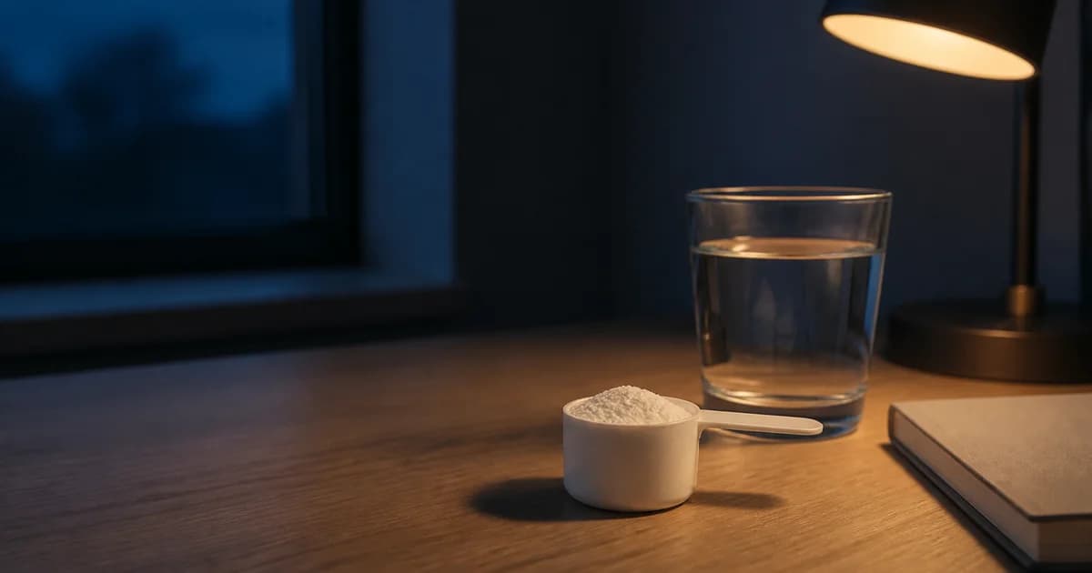 A plain powder scoop, water glass, and closed notebook on a desk under a warm lamp at night, suggesting a study of creatine and sleep loss.