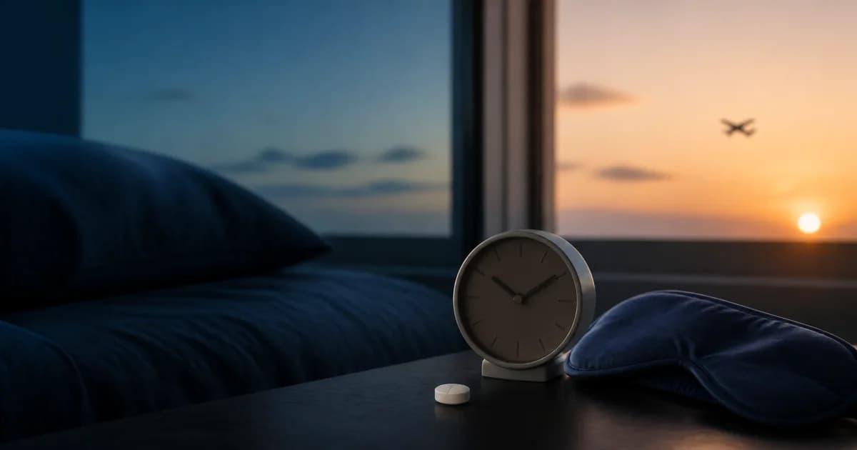 A clock, sleep mask and plain tablet sit beside a window shifting from blue dawn to amber evening, symbolising circadian timing during travel.