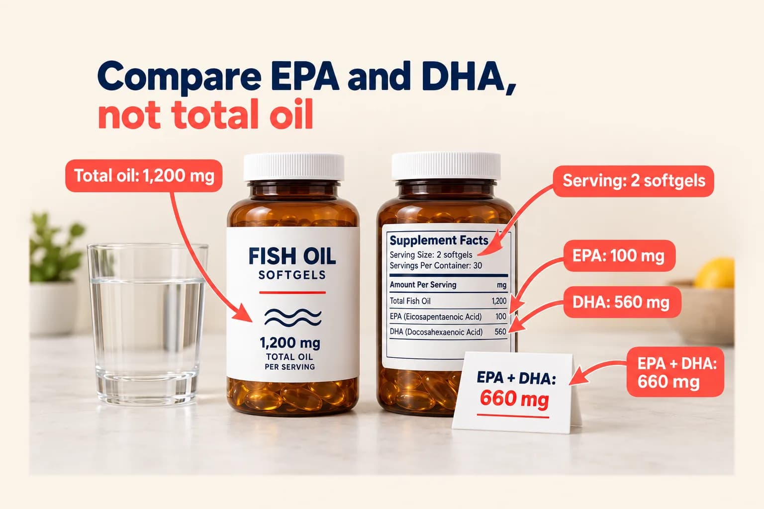 A no-human instructional arrangement of fish-oil packaging and label details for comparing total oil with EPA and DHA.